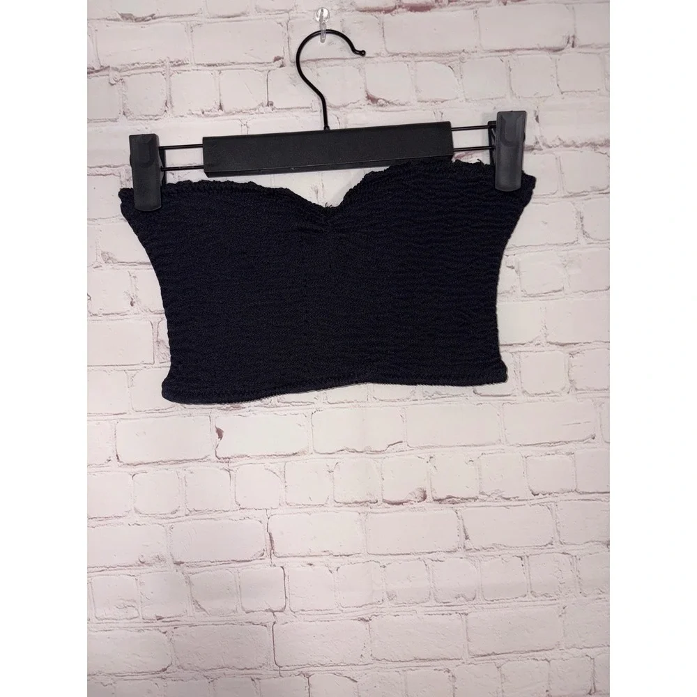 Isabella Rose Black Crinkle Textured Bandeau Bikini Top Strapless OSFM